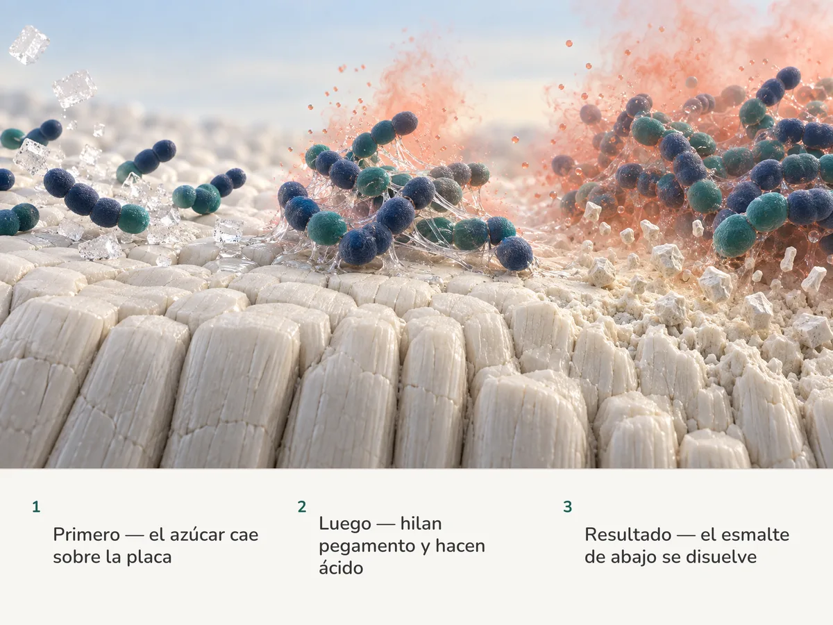 Ilustración: el azúcar se disuelve entre cadenas de bacterias ovaladas sobre el esmalte; ellas hilan hebras pegajosas que las pegan al diente y sueltan ácido, y bajo la neblina ácida la superficie mineral se afloja
