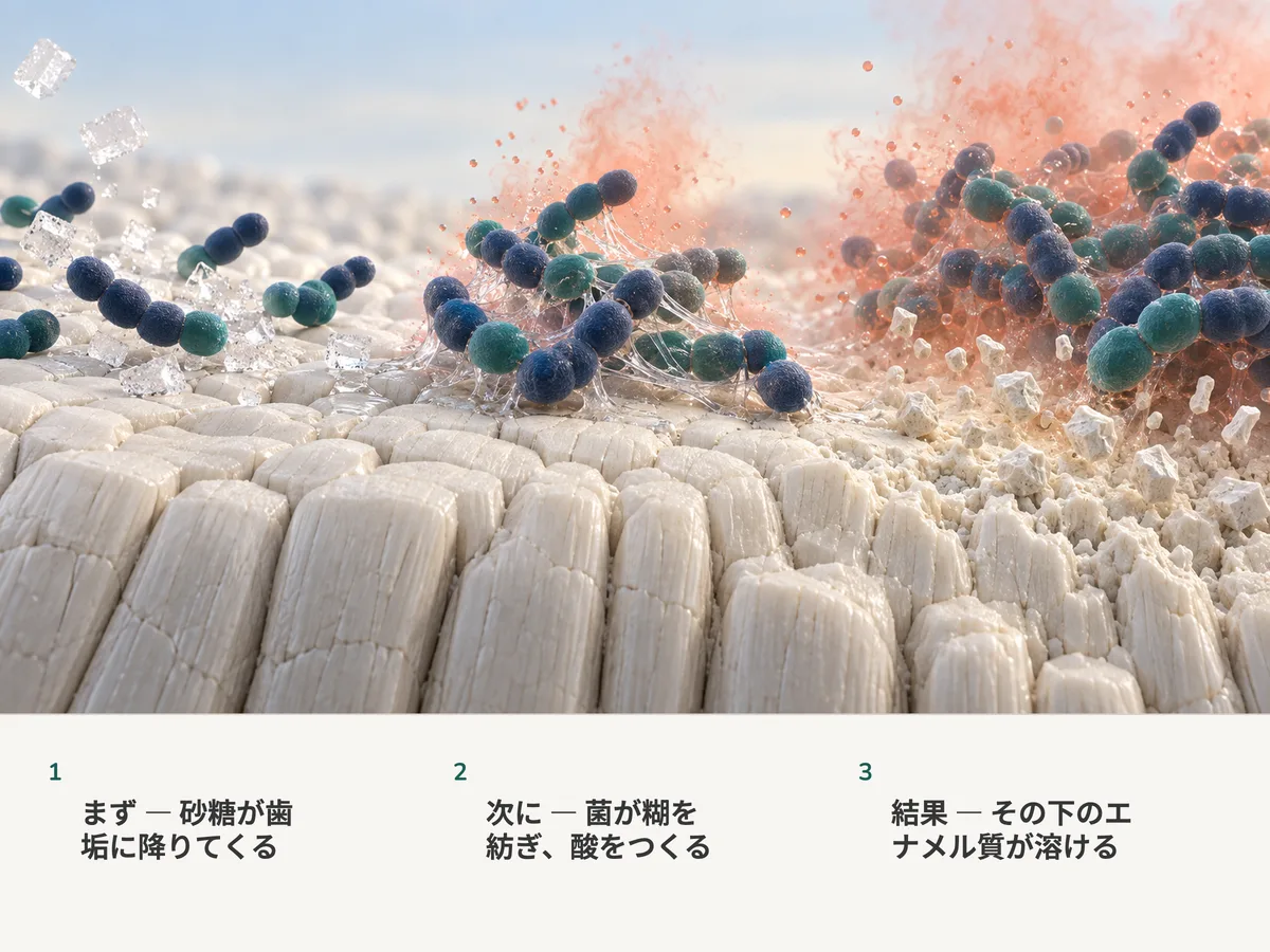 イラスト:エナメル質の上の卵形の細菌の鎖のあいだで砂糖が溶け、菌は粘つく糸を紡いで自分を貼りつけ、酸を放つ。酸のもやの下で、鉱物の表面がゆるんでいく