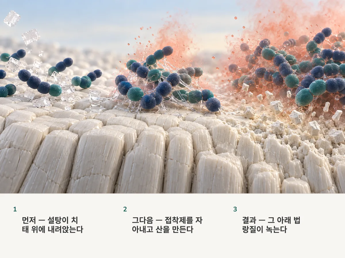 일러스트: 법랑질 위 타원형 세균 사슬들 사이에서 설탕이 녹고, 세균은 자기를 붙들어 매는 끈적한 가닥을 자아내며 산을 내놓고, 그 산의 아지랑이 아래에서 광물 표면이 헐거워진다