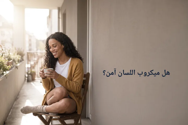 هل ميكروب اللسان آمن؟ — امرأة تجلس مع فنجان شاي في شرفتها صباحاً