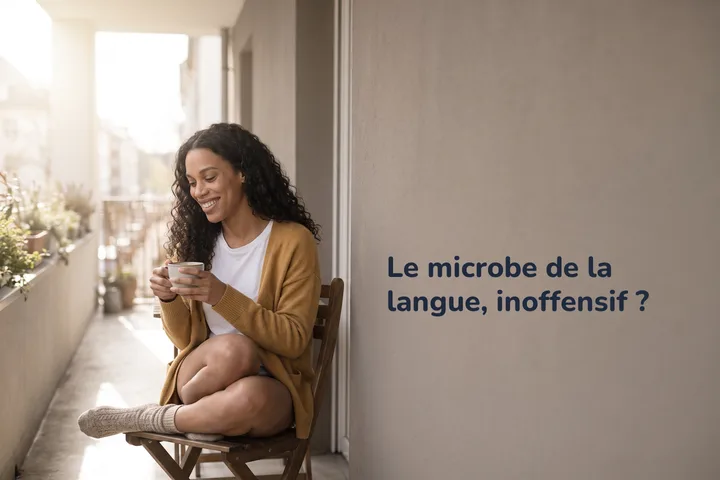 Le microbe de la langue, inoffensif ? — une femme prend le thé sur son balcon, le matin