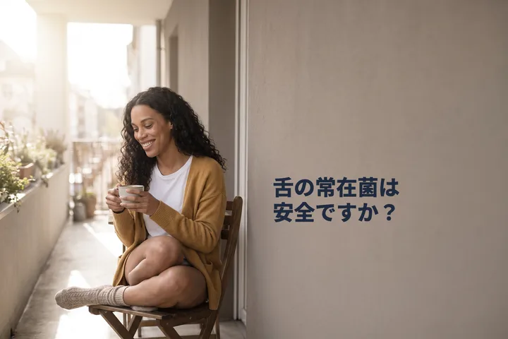 舌の常在菌は安全ですか？ — 朝、女性がバルコニーで紅茶のカップを手に座っている