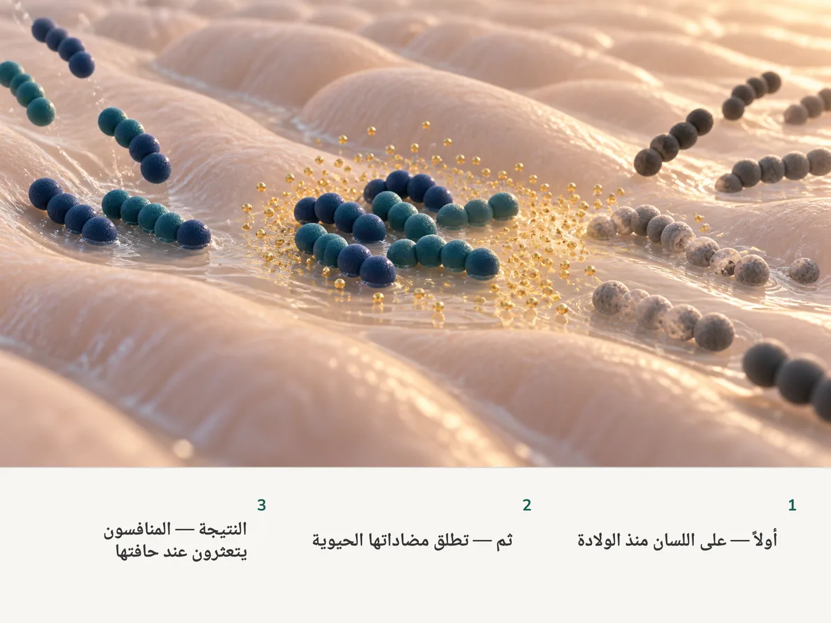 رسم توضيحي: سلاسل من بكتيريا مستديرة تستقر في غشاء رطب على تلال طرية وتطلق جسيمات ذهبية دقيقة؛ والسلاسل المنافسة القادمة ترتخي عند حافة رقعتها