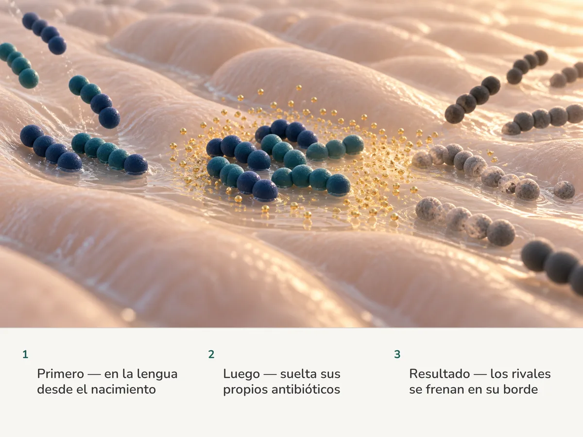 Ilustración: cadenas de bacterias redondas se asientan en una película húmeda sobre suaves relieves y sueltan diminutas partículas doradas; las cadenas rivales que se acercan se aflojan al borde de su territorio