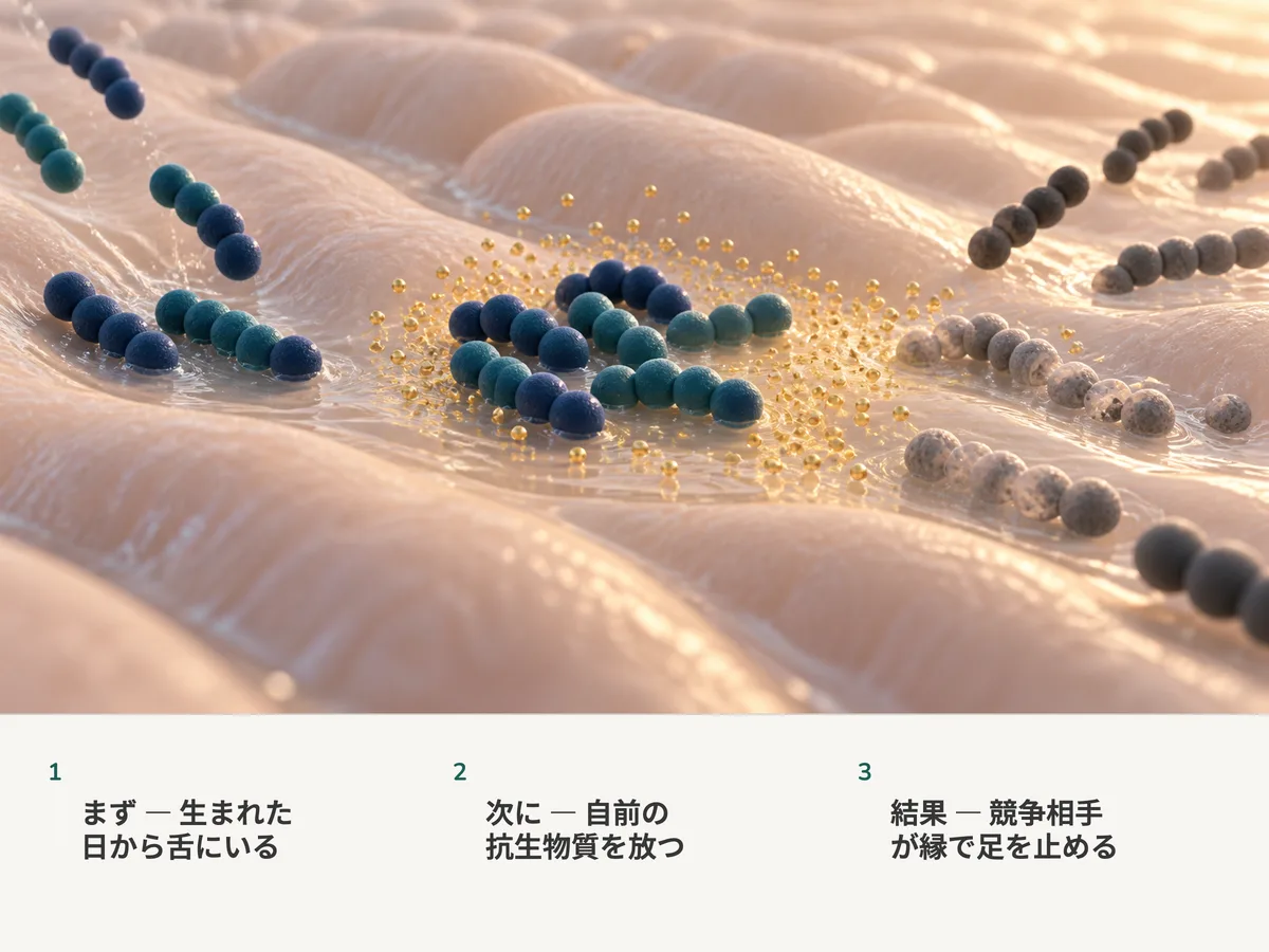 イラスト：丸い細菌の鎖がやわらかい隆起の上の湿った膜に落ち着き、小さな金色の粒を放つ。流れ込んできた競争相手の鎖は、その縄張りの縁で力を失っていく