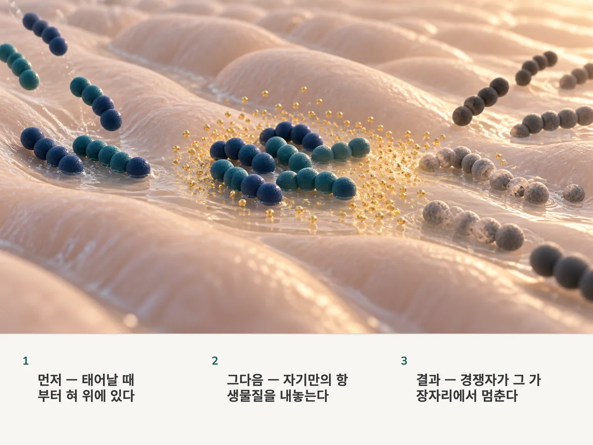 일러스트: 둥근 세균의 사슬들이 부드러운 돌기 위 젖은 막에 자리 잡고 아주 작은 금빛 입자를 내놓으며, 흘러든 경쟁 사슬들은 그 구역 가장자리에서 힘을 잃는다
