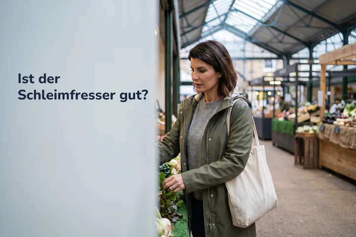 Ist der Schleimfresser gut? — eine Frau wählt samstagmorgens Blattgemüse in einer Markthalle