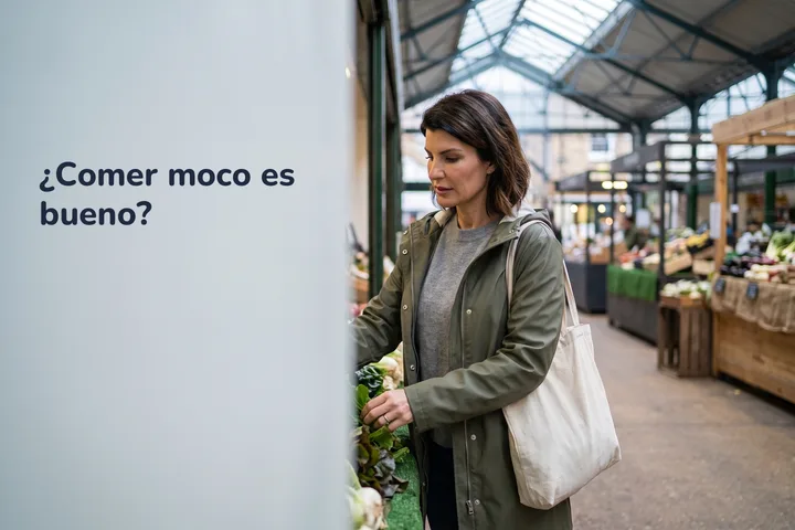 ¿Comer moco es bueno? — una mujer elige verduras de hoja en un mercado techado un sábado por la mañana