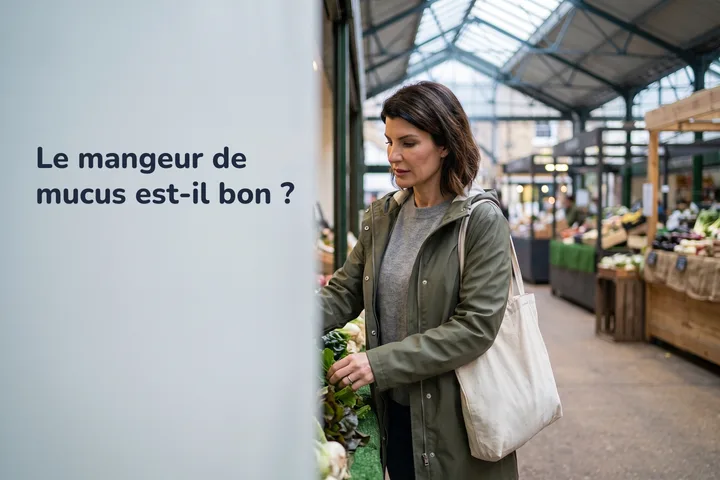 Le mangeur de mucus est-il bon ? — une femme choisit des légumes verts dans un marché couvert, un samedi matin