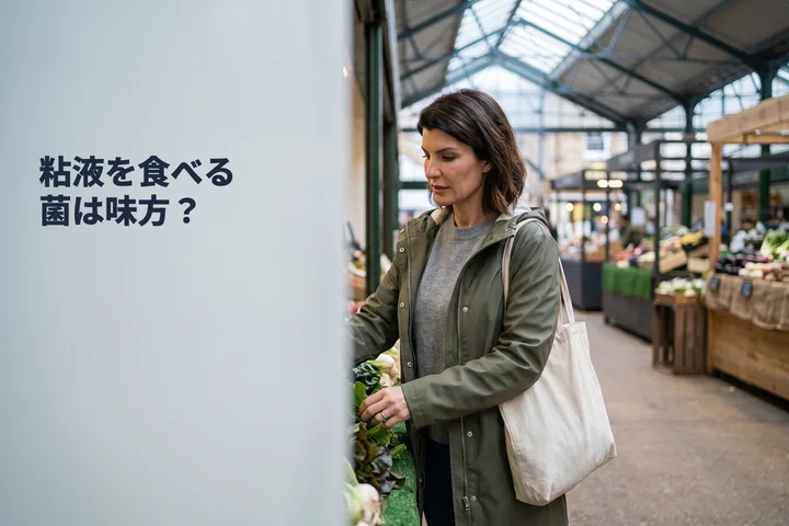 粘液を食べる菌は味方？ — 土曜の朝、女性が屋根のある市場で葉物野菜を選んでいる