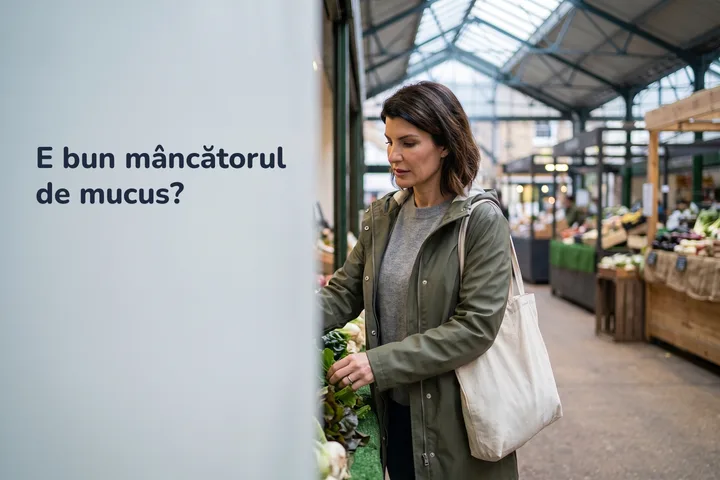 E bun mâncătorul de mucus? — o femeie alege verdețuri într-o hală de piață, într-o dimineață de sâmbătă