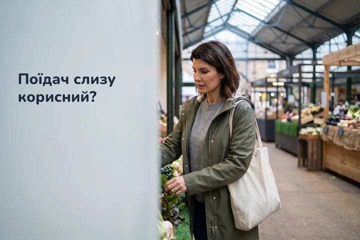 Поїдач слизу корисний? — жінка вибирає зелень у критій ринковій залі суботнього ранку