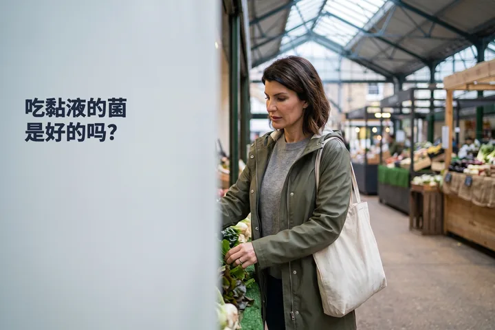 吃黏液的菌是好的吗？ — 一位女性在周六早晨的室内菜市场里挑绿叶菜