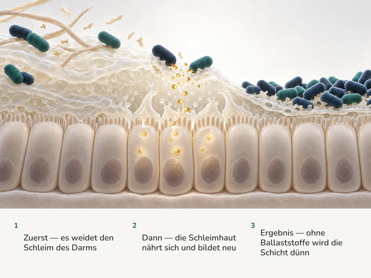 Illustration: ovale Bakterien weiden die Schleimschicht über der Dickdarmschleimhaut ab, die goldenen Brennstoff aufnimmt und frischen Schleim bildet; weiter rechts tragen gedrängte Bakterien die Schicht zu einem dünnen Schleier ab