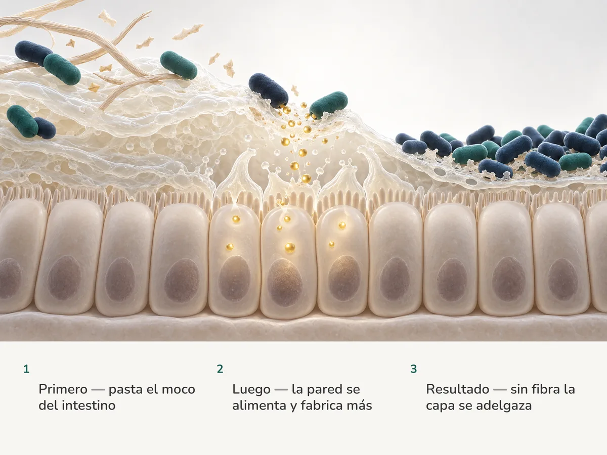 Ilustración: bacterias ovaladas pastan la capa de moco sobre la mucosa del colon, que absorbe combustible dorado y fabrica moco nuevo; más a la derecha, bacterias apiñadas desgastan la capa hasta dejarla en un velo fino