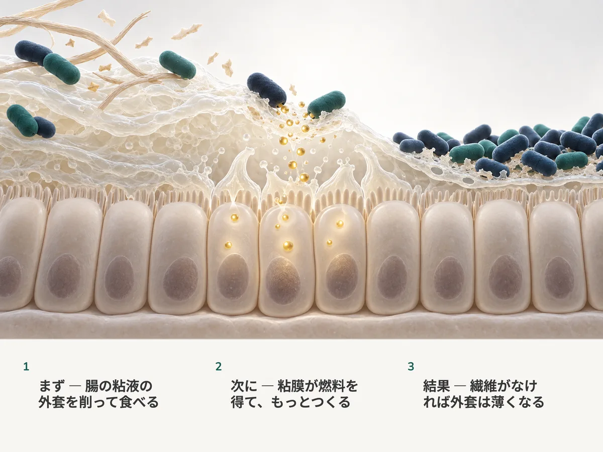 イラスト：卵形の細菌が大腸の粘膜を覆う粘液層を削り取り、粘膜は金色の燃料を取り込んで新しい粘液をつくる。さらに右では、ひしめく細菌が層を薄い膜になるまですり減らしている