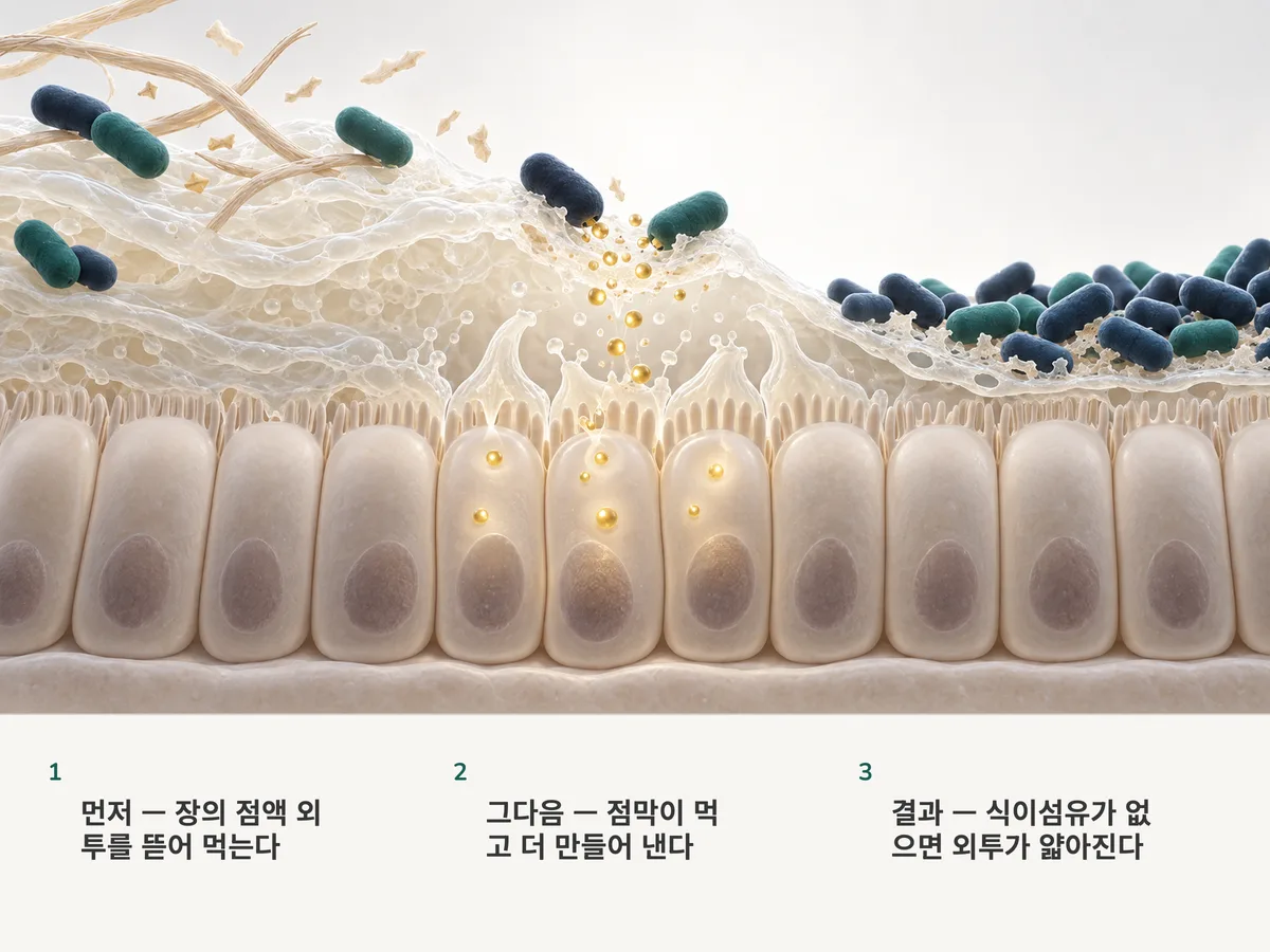일러스트: 타원형 세균들이 대장 점막 위 점액층을 뜯어 먹고 점막은 금빛 연료를 받아 새 점액을 만들며, 더 오른쪽에서는 빽빽해진 세균들이 그 층을 얇은 너울까지 닳게 한다