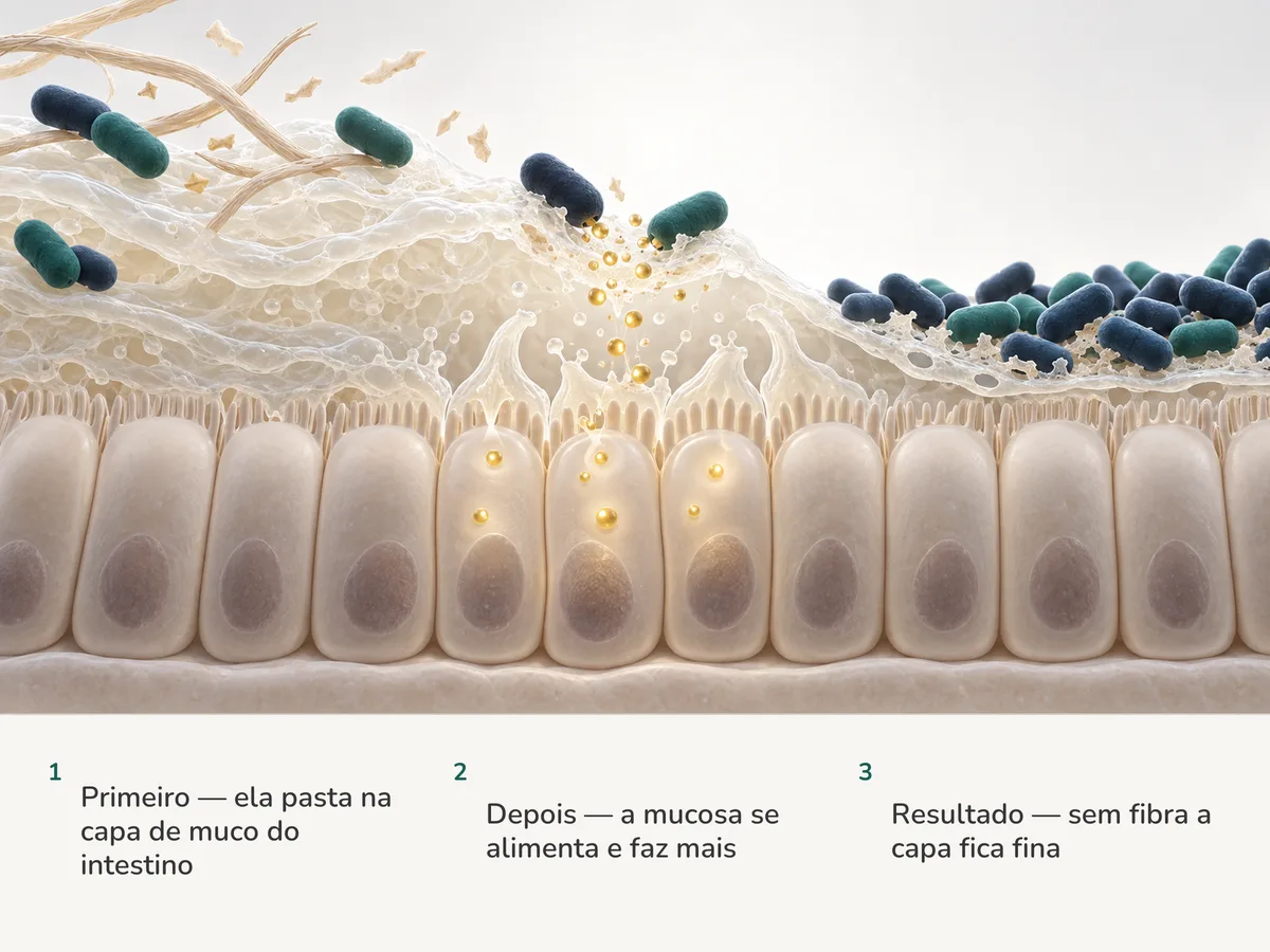Ilustração: bactérias ovais pastam a camada de muco sobre a mucosa do cólon, que absorve um combustível dourado e faz muco novo; mais à direita, bactérias apinhadas gastam a camada até virar um véu fino