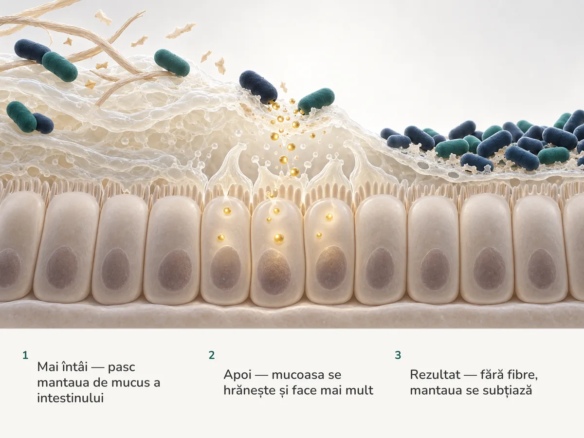 Ilustrație: bacterii ovale pasc stratul de mucus de peste mucoasa colonului, care preia combustibil auriu și face mucus proaspăt; mai la dreapta, bacterii înghesuite tocesc stratul până la un văl subțire