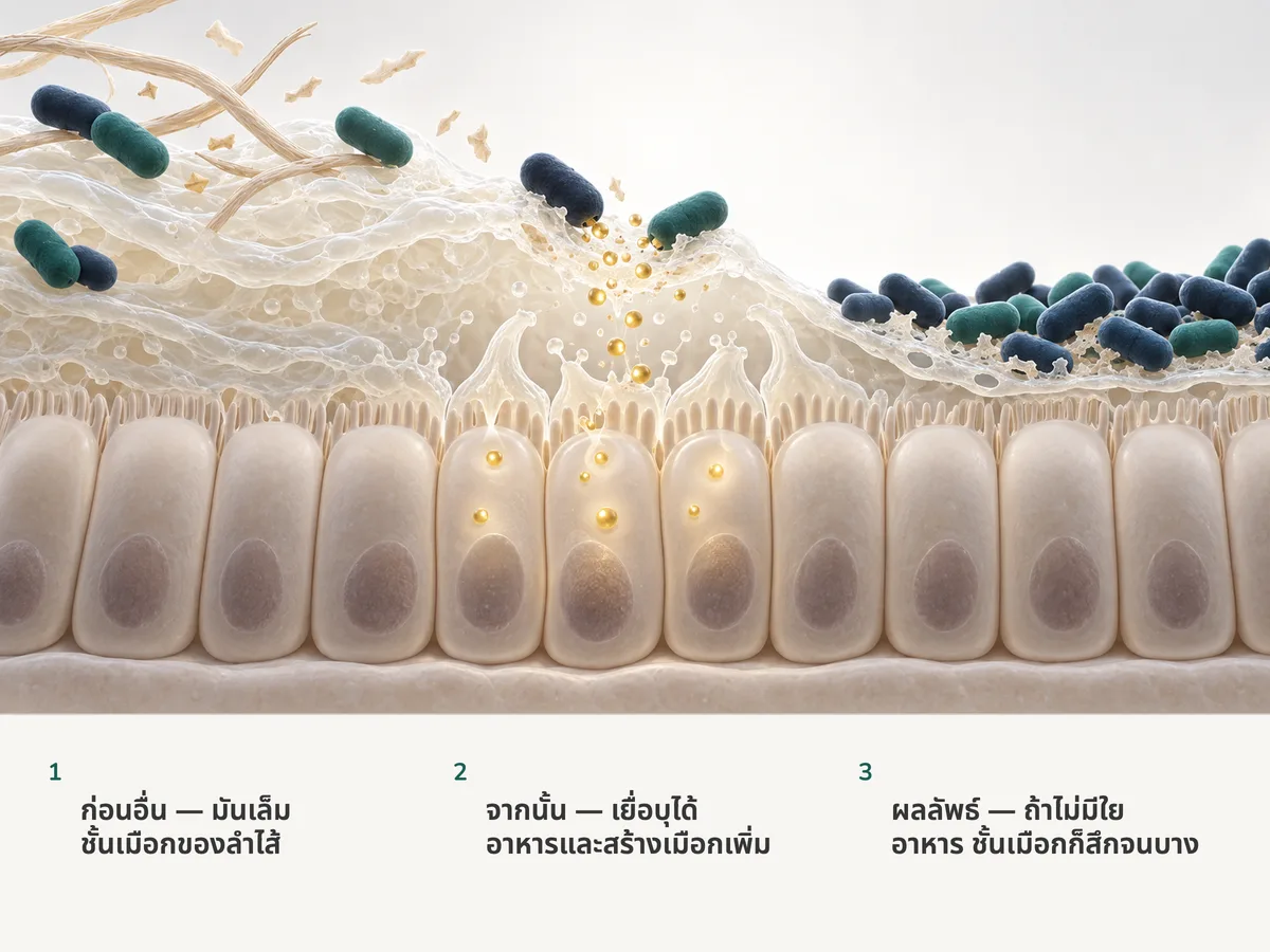 ภาพประกอบ: แบคทีเรียทรงรีเล็มชั้นเมือกเหนือเยื่อบุลำไส้ใหญ่ ซึ่งดูดเชื้อเพลิงสีทองเข้าไปแล้วสร้างเมือกใหม่ ถัดไปทางขวา แบคทีเรียที่เบียดกันแน่นทำให้ชั้นเมือกสึกจนบางเป็นแผ่นฝ้า