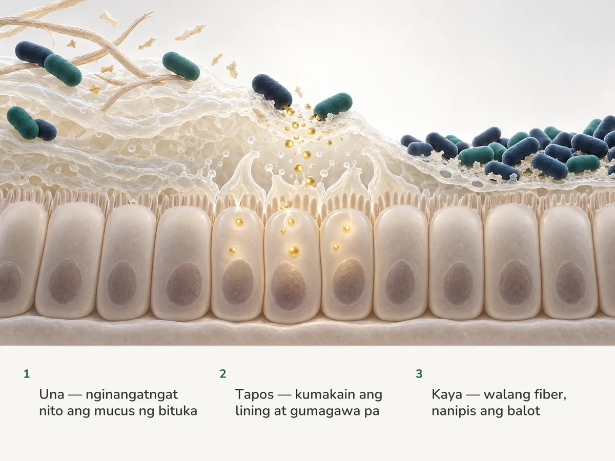 Ilustrasyon: nginangatngat ng mga hugis-itlog na bacteria ang mucus layer sa ibabaw ng lining ng colon, na sumisipsip ng gintong panggatong at gumagawa ng sariwang mucus; mas sa kanan, inuubos ng nagsisiksikang bacteria ang layer hanggang maging manipis na belo