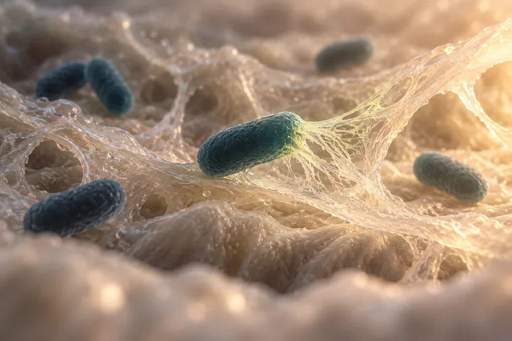 Ilustración: bacterias ovaladas descansan entre hebras estiradas de moco sobre la mucosa intestinal, una hebra se deshilacha donde se alimenta una célula