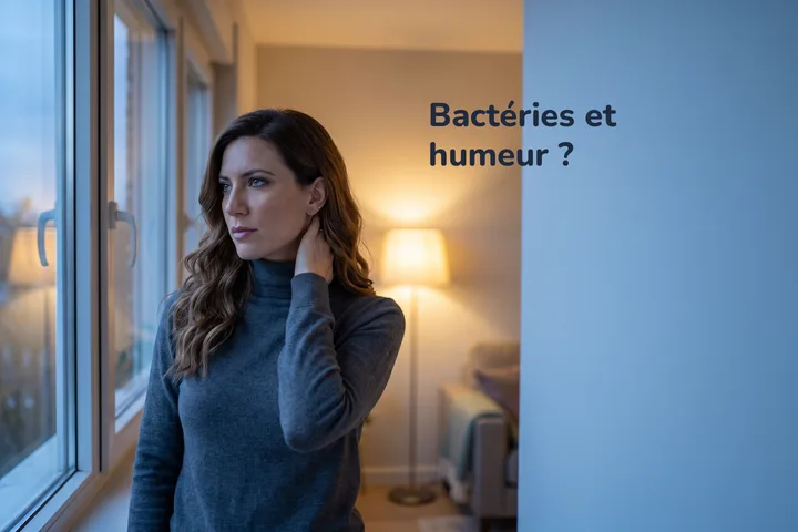 Bactéries et humeur ? — une femme se tient à la fenêtre de son salon au crépuscule, une main à la nuque