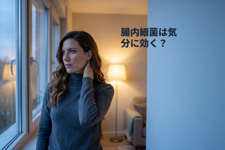 腸内細菌は気分に効く？ — 夕暮れ、首元に手をやった女性が居間の窓辺に立つ