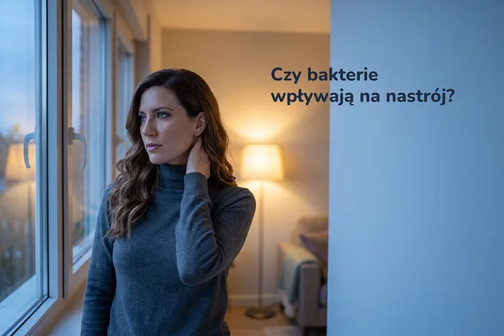 Czy bakterie wpływają na nastrój? — kobieta stoi o zmierzchu przy oknie salonu, z dłonią na szyi