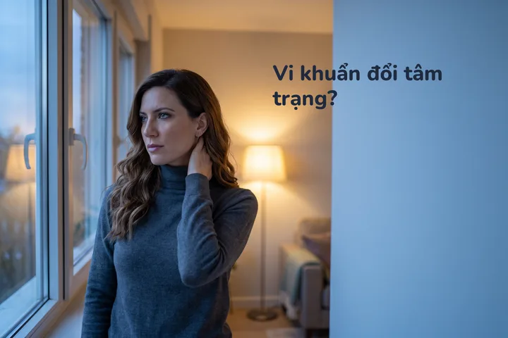 Vi khuẩn đổi tâm trạng? — một phụ nữ đứng bên cửa sổ phòng khách lúc chạng vạng, một tay đặt lên cổ