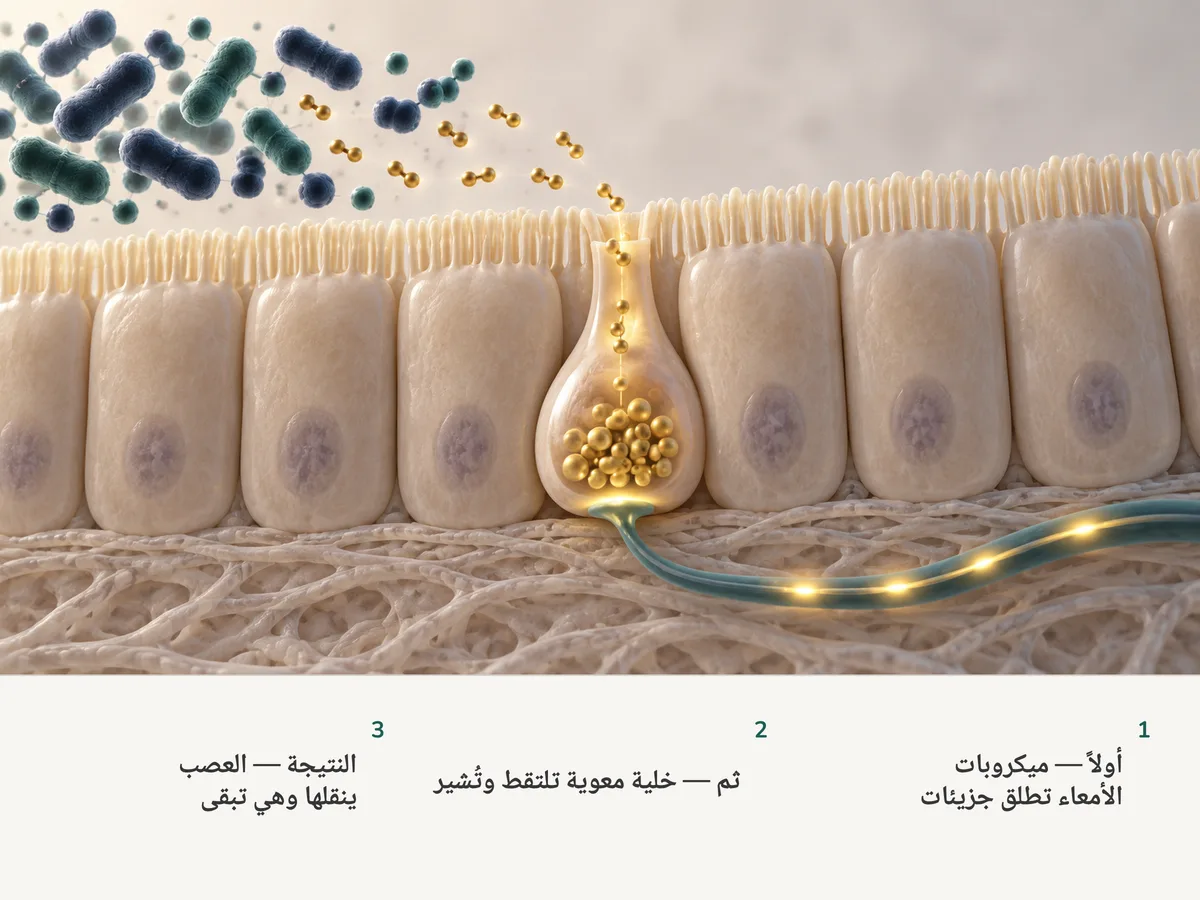 رسم توضيحي: بكتيريا الأمعاء تطلق جزيئات صغيرة، وخلية هرمونية في بطانة الأمعاء تلتقطها، وإشارة ذهبية تنطلق على امتداد عصب نحو الدماغ