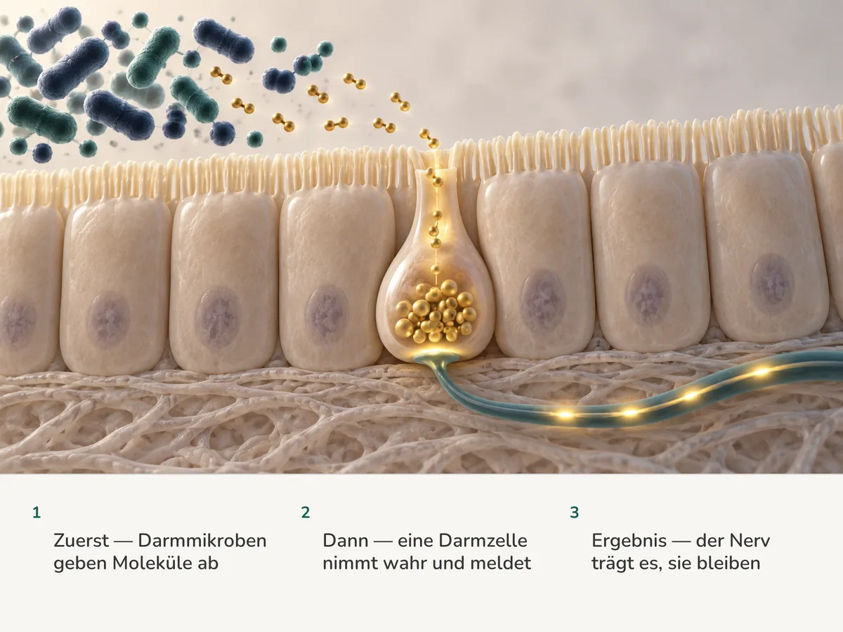 Illustration: Darmbakterien geben kleine Moleküle ab, eine Hormonzelle der Darmschleimhaut nimmt sie wahr, und ein goldenes Signal läuft über einen Nerv in Richtung Gehirn