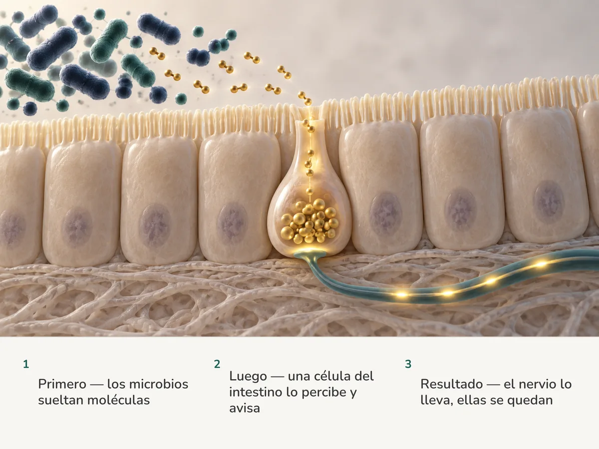 Ilustración: las bacterias del intestino sueltan moléculas pequeñas, una célula hormonal de la mucosa las percibe y una señal dorada recorre un nervio hacia el cerebro