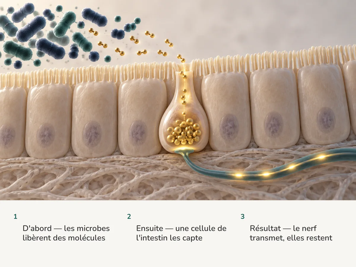 Illustration : des bactéries intestinales libèrent de petites molécules, une cellule hormonale de la muqueuse les détecte et un signal doré file le long d'un nerf vers le cerveau
