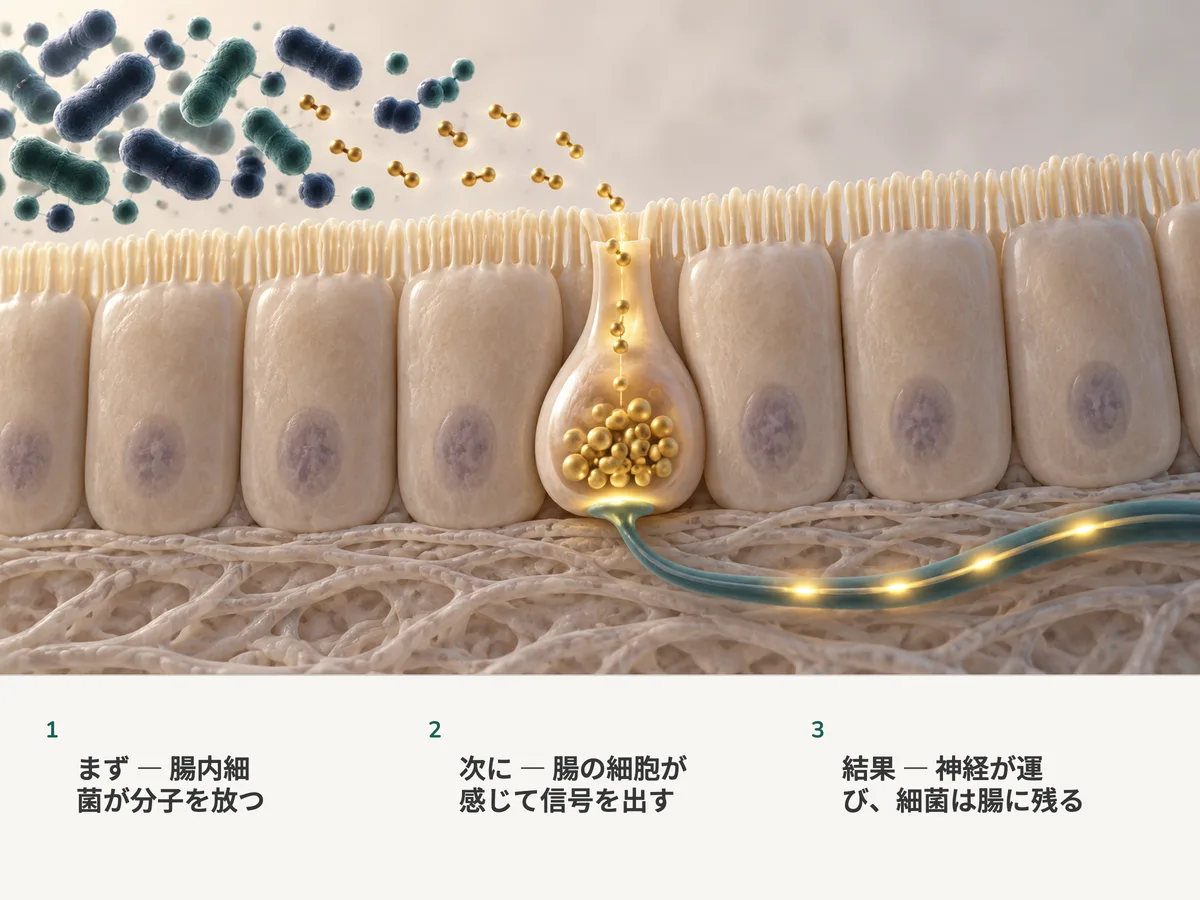 イラスト：腸内細菌が小さな分子を放ち、腸粘膜のホルモン細胞がそれを感じ取り、金色の信号が神経を伝って脳へ走る