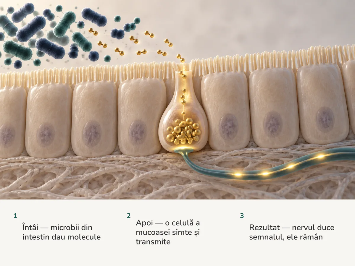 Ilustrație: bacteriile intestinale eliberează molecule mici, o celulă hormonală din mucoasă le simte, iar un semnal auriu pleacă de-a lungul unui nerv spre creier