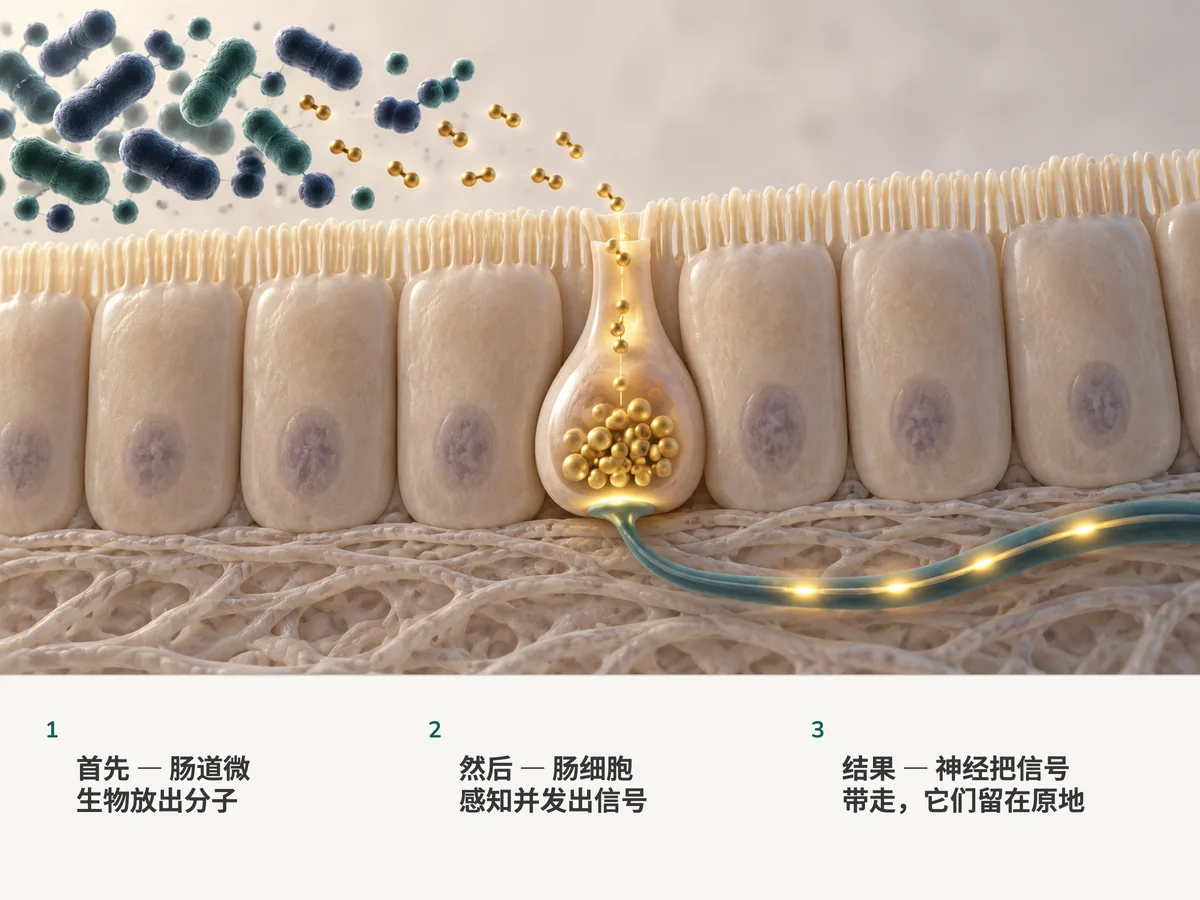 插图:肠道细菌释放出小分子,肠黏膜里的一个激素细胞感知到它们,一道金色的信号沿神经奔向大脑