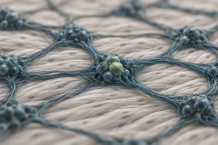 Illustration: ein Netz aus Nervenzellknoten, verbunden durch Faserbündel, auf der Muskelwand des Darms; ein Knoten ist limettengrün getönt