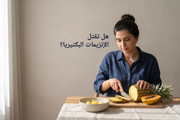 هل تقتل الإنزيمات البكتيريا؟ — امرأة تقطّع أناناساً وبابايا على طاولة طعامها في شمس آخر الصباح