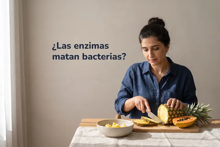 ¿Las enzimas matan bacterias? — una mujer corta piña y papaya en la mesa del comedor bajo el sol de media mañana