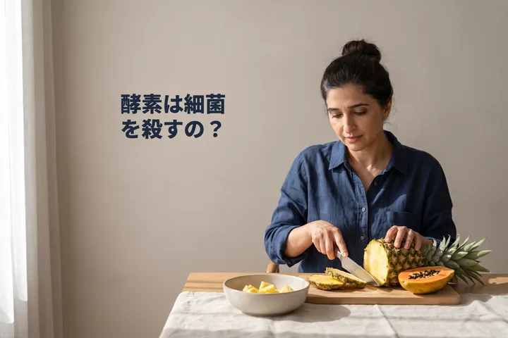 酵素は細菌を殺すの？ — 午前遅くの日差しの中、女性が食卓でパイナップルとパパイヤを切る