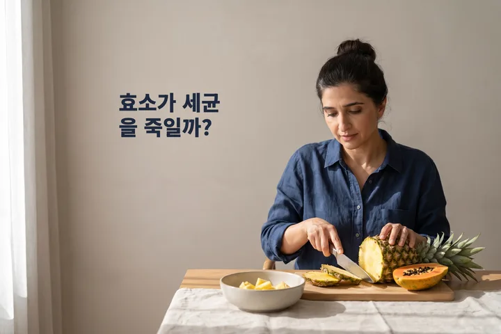 효소가 세균을 죽일까? — 늦은 아침 햇살 속에서 여성이 식탁에서 파인애플과 파파야를 썬다
