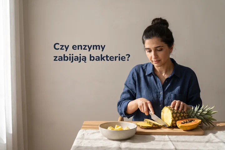 Czy enzymy zabijają bakterie? — kobieta kroi ananasa i papaję przy stole w późnym porannym słońcu