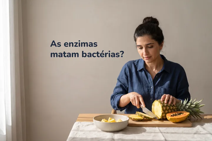 As enzimas matam bactérias? — uma mulher corta abacaxi e mamão na mesa da sala no sol do fim da manhã