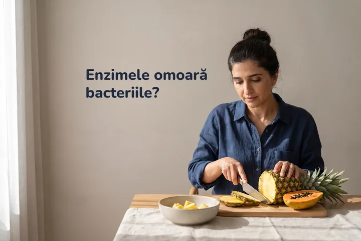 Enzimele omoară bacteriile? — o femeie taie ananas și papaya la masa din sufragerie, în soarele de dimineață