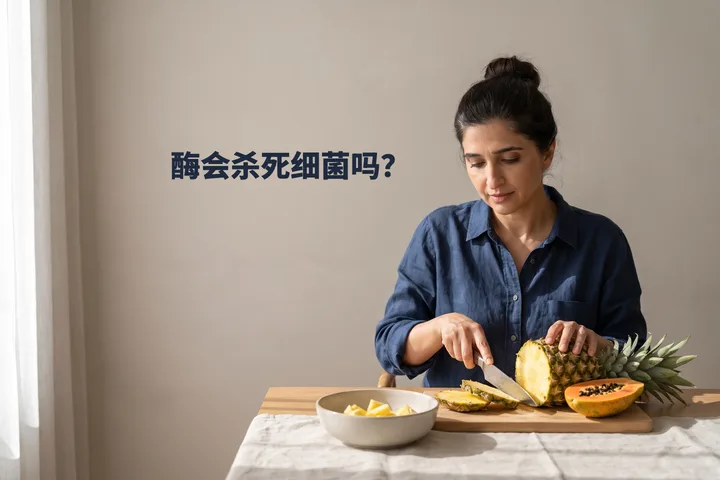 酶会杀死细菌吗？ — 上午晚些时候的阳光里，一位女性在餐桌旁切菠萝和木瓜