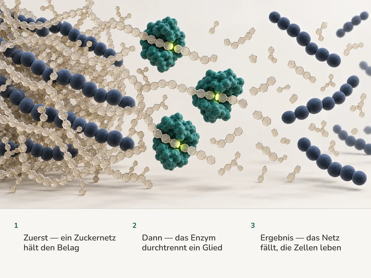 Illustration: Ketten runder Bakterien in einem Netz aus Zuckerketten; Enzyme durchtrennen die Ketten an limettengrünen Stellen, und die befreiten Bakterien treiben unversehrt davon
