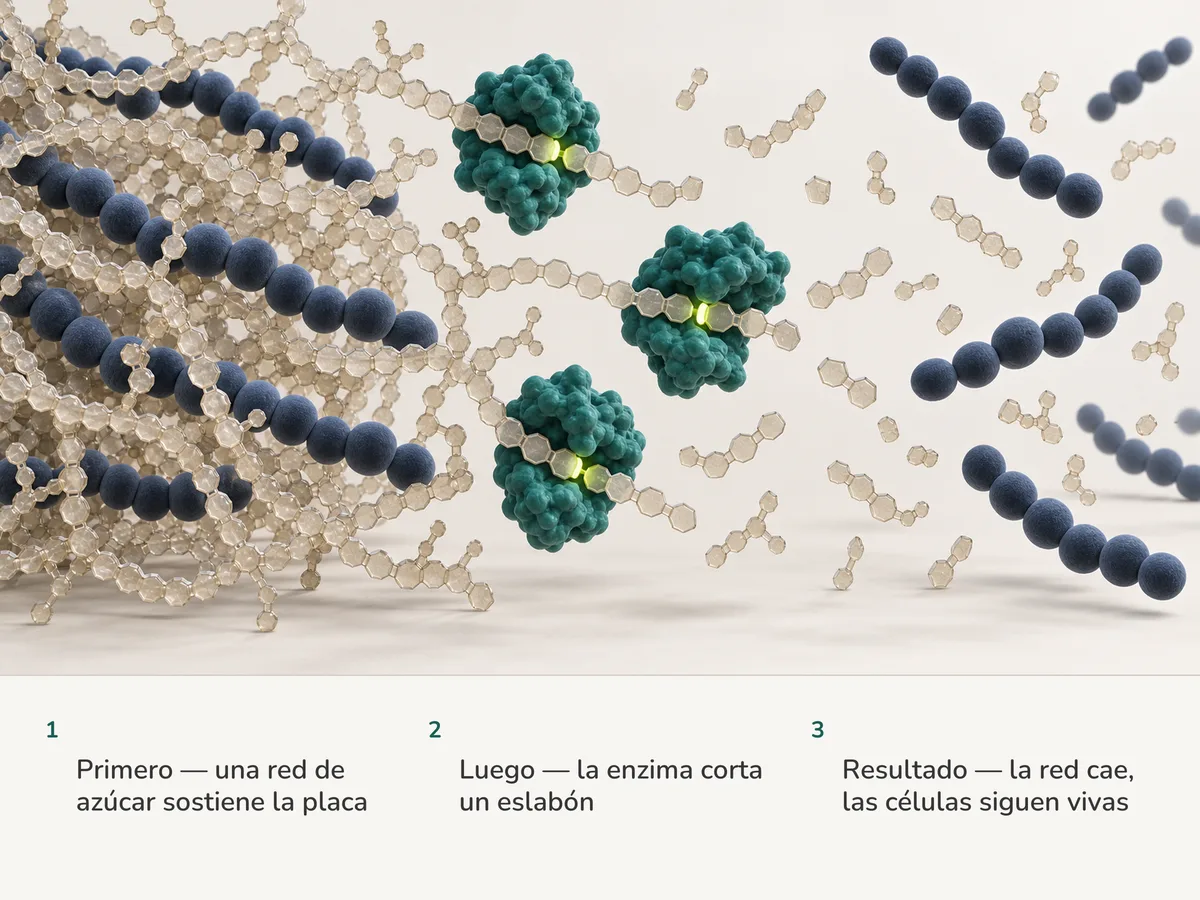 Ilustración: cadenas de bacterias redondas atrapadas en una red de cadenas de azúcar; las enzimas cortan las cadenas en puntos de color lima y las bacterias liberadas se alejan intactas
