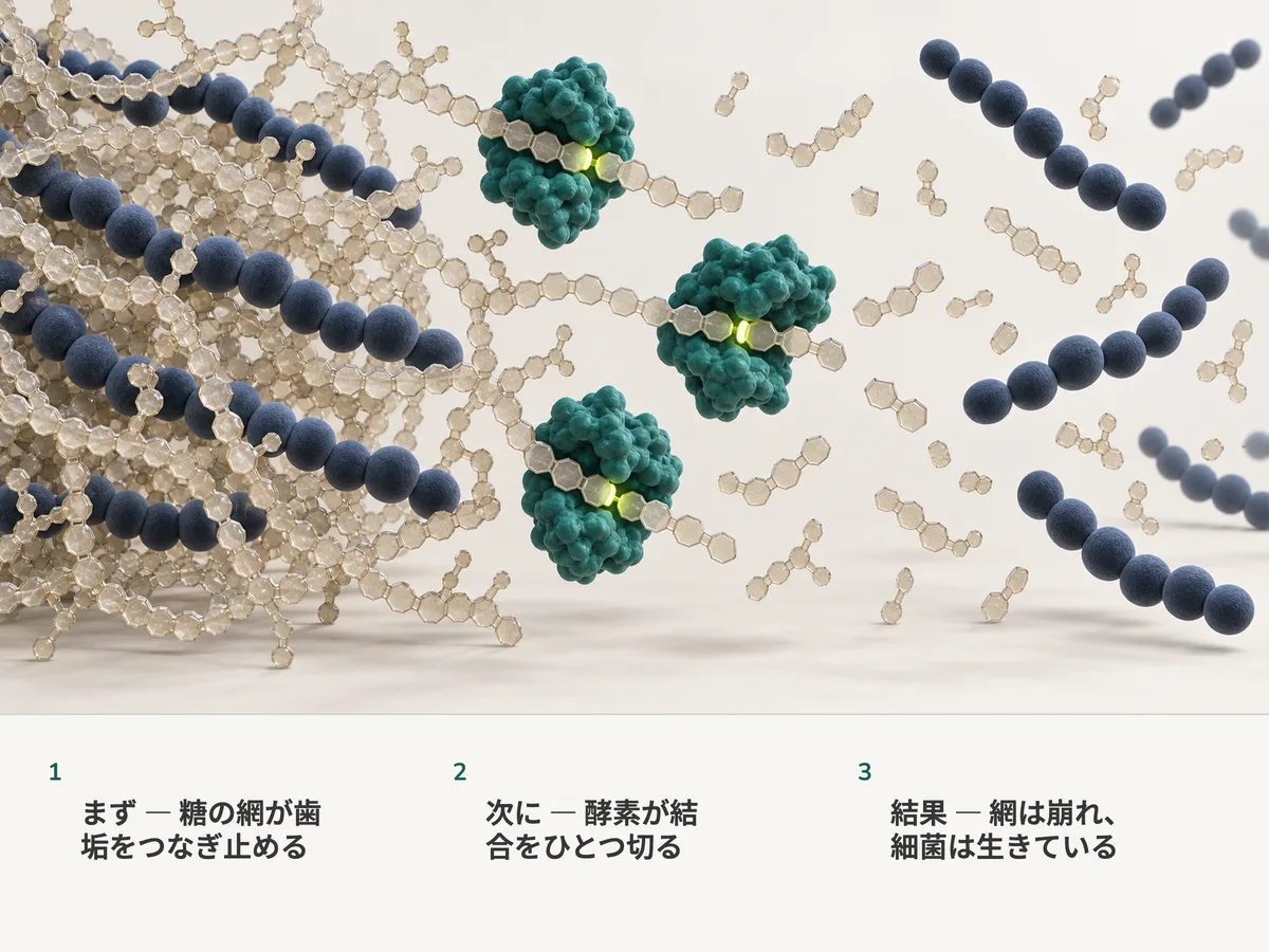 イラスト：糖の鎖の網に捕らえられた球菌の連なり。酵素タンパク質がライム色の点で鎖を切り、放たれた細菌は形を保ったまま漂い出す