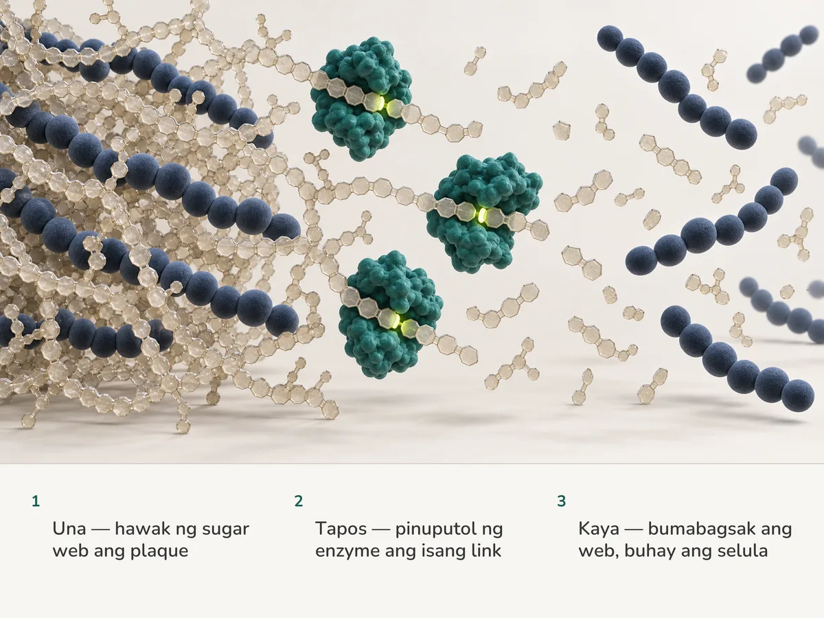 Ilustrasyon: mga kadena ng bilog na bacteria na hawak ng lambat ng sugar chains; pinuputol ng mga enzyme protein ang mga kadena sa berdeng puntos, at lumalayo ang mga nakawalang bacteria, buo pa rin